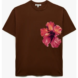 Kısa Kollu Bisiklet Yaka Rahat Kalıp Pamuklu Hibiskus Baskılı Tişört