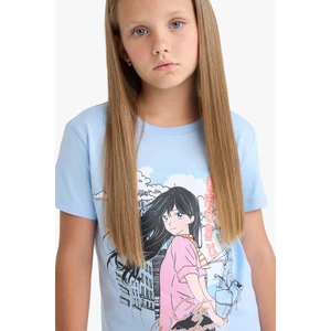 Kız Çocuk Bisiklet Yaka Anime Baskılı Kısa Kollu Tişört E0351A825SM
