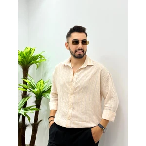 Erkek Uzun Kol Gömlek Olive Efektif Keten Oversize Çizgili Pamuk Keten Gömlek