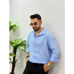 Erkek Uzun Kol Gömlek Olive Efektif Keten Oversize Çizgili Pamuk Keten Gömlek