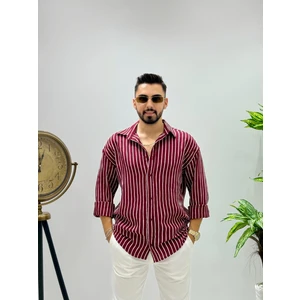 Erkek Uzun Kol Gömlek Olive Efektif Keten Oversize Çizgili Pamuk Keten Gömlek