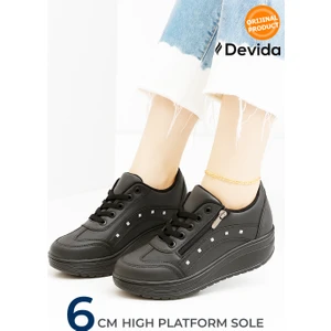 Kadın Siyah Spor Ayakkabı 6 Cm Yüksek Rahat Taban Sneaker X300