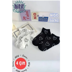 Hitit Socks Kadın 4 Çift Premium Kalite Kalp Desenli Patik Çorap Çok Renkli