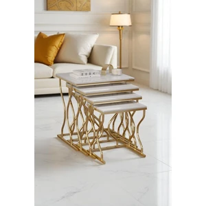 Arden Elite 4'lü Kare Zigon Sehpa Seti – Gold Ayak, Krem Mdf