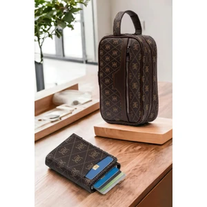 Erkek Deri Mekanizmalı Cüzdan ve Portföy Clutch Traş Kozmetik Bakım ve Günlük El Çantası (14X24CM) NEWPOLO171  - Kahve - Taba