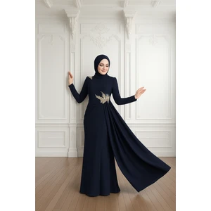 Tesettür Kuyruklu Gold Aplikli Abiye Elbise 2810