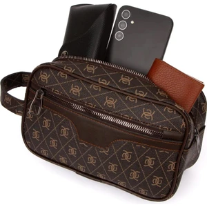 Erkek Deri Portföy Clutch Traş Kozmetik Bakım ve Günlük El Çantası (14X24CM) NEWPOLO171 - Kahve - Taba
