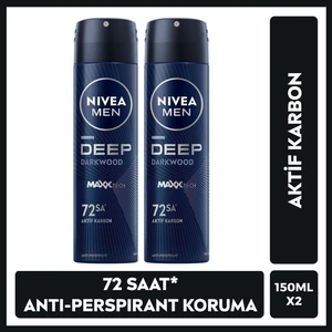 NIVEA MEN Erkek Sprey Deodorant Deep Dimension Aktif Karbon 150ml, 72 Saat Anti-perspirant, X2 Adet, Maskülen Koku, Ter Kokusu, Terleme Karşıtı