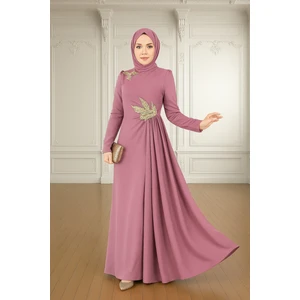 Tesettür Kuyruklu Gold Aplikli Abiye Elbise 2810