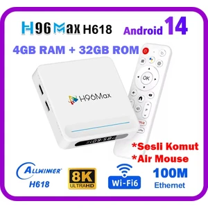 H618 Plus 8k Android 14.0 Tv Box 4GB+32GB Medya Oynatıcı Air Mouse Dual Wifi 6 Bluetooth 5.4 Ethernet Sesli Komut