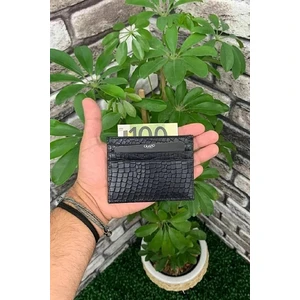 Derije Hakiki Deri Siyah Texas Baskı Unisex Ince Kartlık (T365)