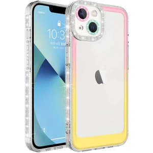 iPhone 13 Uyumlu Simli ve Renk Geçiş Tasarımlı Lens Korumalı Kflg Park Kapak-Pembe-Sarı