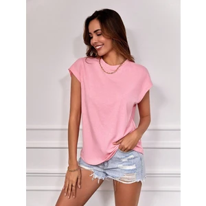 Kadın Pembe Düşük Kol Pamuklu Örme T-Shirt