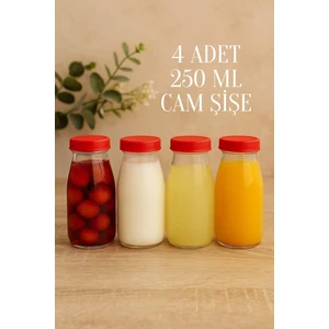 4 Adet 250 ml Şeffaf Sürahi Süt, Ayran, Su, Limonata, Meşrubat Şişesi Plastik Kapaklı Cam Şişe