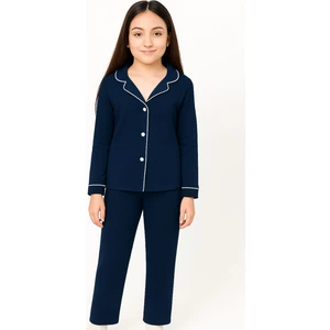 E Çocuk Kız Çocuk Pamuklu Düğmeli Uzun Kollu Pijama Takımı - 1507 -1508