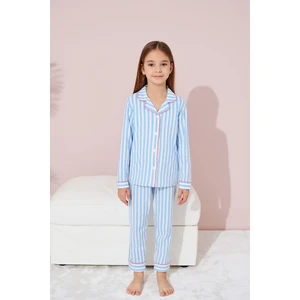 E Çocuk Kız Çocuk Pamuklu Düğmeli Uzun Kollu Pijama Takımı - 1507 -1508