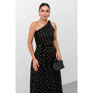 Siyah Gold Puantiyeli Tek Omuz Uzun Abiye Elbise - Şık ve Zarif Kadın Elbise 042