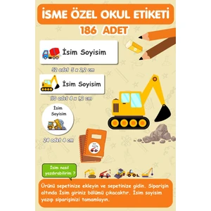 Iş Makinası Temalı Isme Özel Okul Etiketi, Defter, Kalem, Kitap Etiketi / E-022- 186 Adet