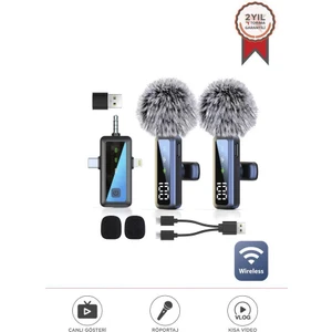 H68 Type-C + Lightning + Aux 2li 3in1 Kablosuz Yaka Mikrofonu