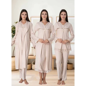 Dvina Effortt Lohusa 4'lü Set - Sabahlık/pijama Takımı/gecelik Bej - 4036
