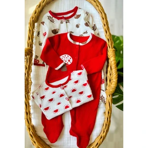 Kırmızı Mantar Desenli 3'lü Patikli Tulum (Kız - Erkek - Yenidoğan)