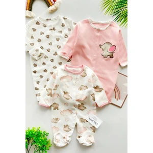 Pembe Fil Desenli 3'lü Patikli Tulum (Kız - Erkek - Yenidoğan)