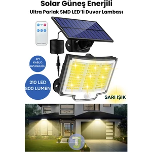 220 LED Solar Duvar Lambası – 5mt Kablo, Kumandalı, 3 Modlu, IP65 Bahçe Aydınlatma Sarı Işık