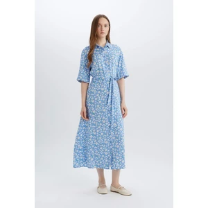 A Kesim Gömlek Yaka Çiçek Desenli Kısa Kollu Midi Elbise D4575AX25SP