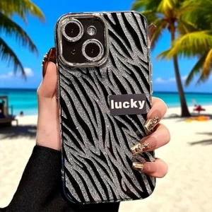 iPhone 15 Uyumlu Zebana Camlı Lens Korumalı Lucky Işıltı Silikon Kılıf(Siyah)