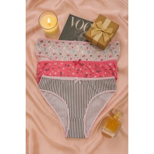 Kadın Pamuklu Desenli Slip Külot 3’lü Set – Çizgili & Çiçekli & Burç Temalı