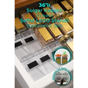 Mienda Home 36'lı Şeffaf Lego Standlı Cam Baharatlık Seti Kapaklı Etiketli Baharatlık Takım MH03GLD36
