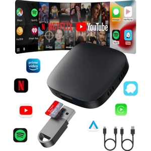 Wireless Carplay ve Android Auto Dönüştürücü | Netflix & Youtube Destekli 3 In 1 Aı Box Lite | Tf Kart & USB Girişli | Carplay Dongle Adaptör