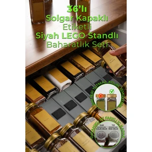 Mienda Home 36'lı Siyah Lego Standlı Cam Baharatlık Seti Kapaklı Etiketli Baharatlık Takımı MH04GLD36
