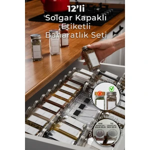 Mienda Home 12'li Cam Baharatlık Seti Kapaklı Etiketli Baharatlık Takımı MH00SLVR12