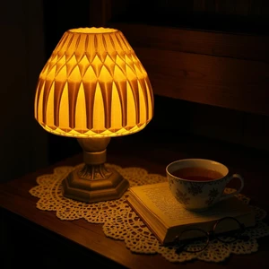 Suma El Yapımı Abajur – Bronz Reçine Gövde, Ekru Geometrik Şapka | Modern Retro Tasarım