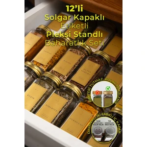 Mienda Home 12'li Şeffaf Pleksi Standlı Cam Baharatlık Seti Kapaklı Etiketli Baharatlık Takımı MH02GLD12
