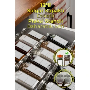 Mienda Home 12'li Şeffaf Pleksi Standlı Cam Baharatlık Seti Kapaklı Etiketli Baharatlık Takımı MH02SLVR12