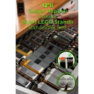 Mienda Home 12'li Siyah Lego Standlı Cam Baharatlık Seti Kapaklı Etiketli Baharatlık Takımı MH04SYH12