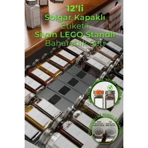 Mienda Home 12'li Siyah Lego Standlı Cam Baharatlık Seti Kapaklı Etiketli Baharatlık Takımı MH04SLVR12