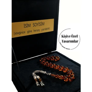 Ateş Kehribar Tesbih, Harfli Kişiye Özel Kadife Kutulu , Sıkma Kehribar ,tespih Gümüş Kaplama, Bal Rengi