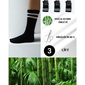 3'lu Doğal Bambu, Ter Emici, Dikissiz Siyah Beyaz Çemberli Unisex Tenis Çorap