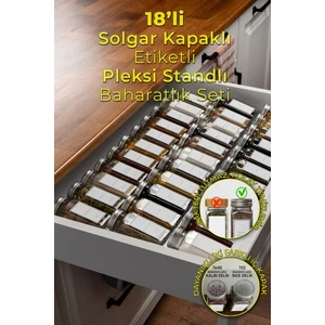 Mienda Home 18'li Şeffaf Pleksi Standlı Cam Baharatlık Seti Kapaklı Etiketli Baharatlık Takımı MH02SLVR18