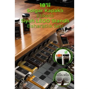 Mienda Home 18'li Siyah Lego Standlı Cam Baharatlık Seti Kapaklı Etiketli Baharatlık Takımı MH04SYH18