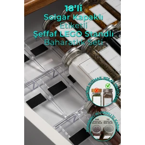 Mienda Home 18'li Şeffaf Lego Standlı Cam Baharatlık Seti Kapaklı Etiketli Baharatlık Takım MH03SLVR18