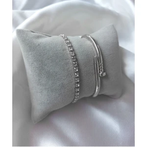 Gümüş Kaplama Kadın Kararmaz Çivi Kelepçe ve Su Yolu Kombin Bileklik - 2420