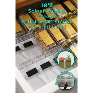 Mienda Home 18'li Şeffaf Lego Standlı Cam Baharatlık Seti Kapaklı Etiketli Baharatlık Takım MH03GLD08