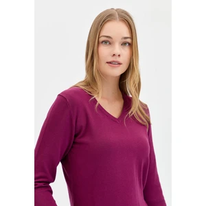 Desen Triko Kadın Ligralı Uzun Kol Basic V Yaka Bluz Mürdüm