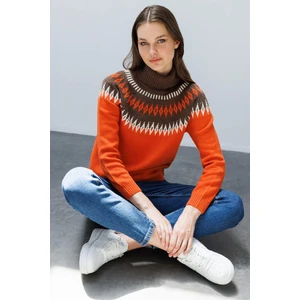 Kadın Tam Balıkçı Yaka Robası Baklavalı Yün Kazak Portakal