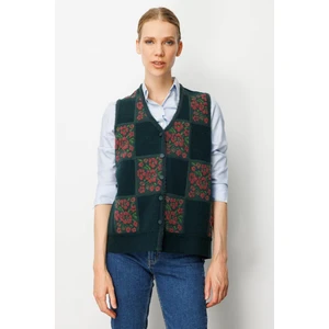 Kadın Pıtırcık Çiçekli Patchwork Keçe Yün Yelek Yeşil_k.g.kurusu