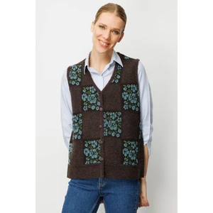 Kadın Pıtırcık Çiçekli Patchwork Keçe Yün Yelek K.kahve_m.yeşil